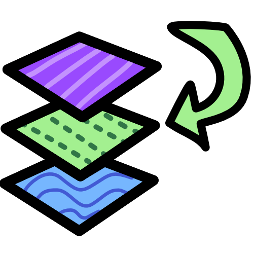 An image with dark line art  shows a stack of 3 squares. Each square is a different color and has a different pattern. Purple with stripes, green with dots, and blue with waves. A green arrow curves to point at the square in the middle. 